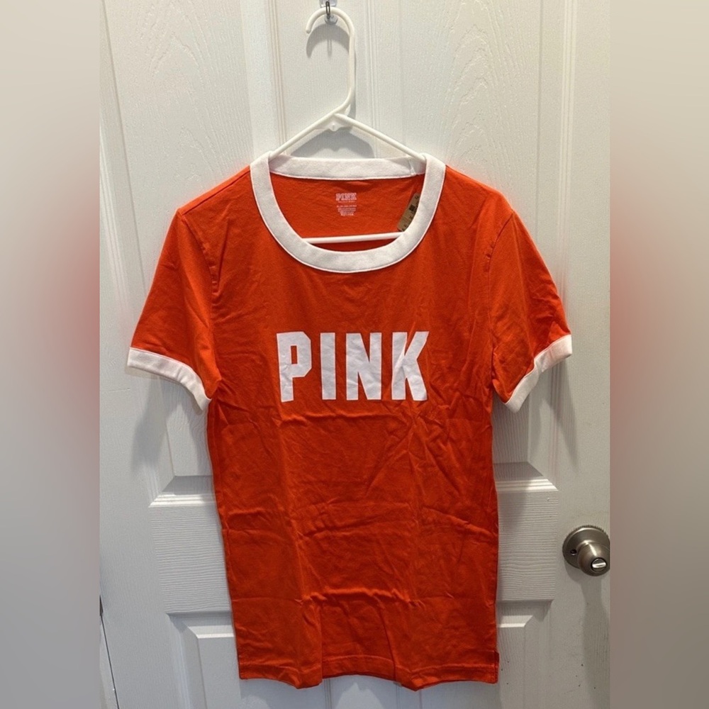 PINK Victoria's Secret Orange Red Tee with White Contrast Trim